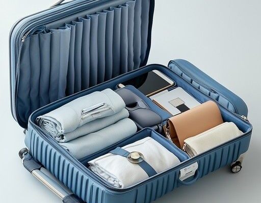 Maleta de cabina azul abierta con ropa doblada y accesorios organizados